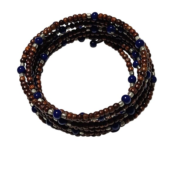 Handmade Boho Brown Blue Seed Beaded Multi Strand Coil Bracelet Retro Fashion - Picture 3 of 5